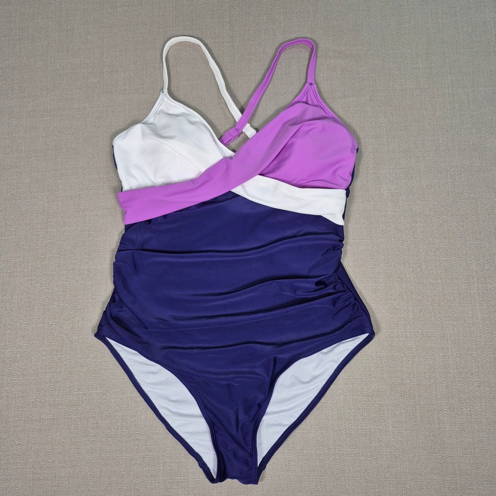 B2PRITY Women Purple White Navy Colorblock Ruched Tummy Control Swimsuit Large